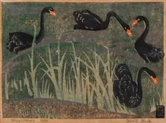 Black swans by Dorrit Black, 1937, colour linocut on paper, sold Sep 2026