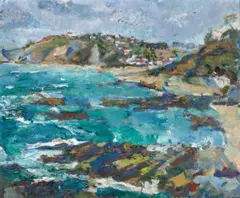 Coastal scene, France by Bessie Davidson, c.1939, oil on cardboard, sold Sep 2026