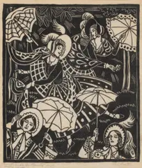Bonnets, shawls, elegant parasols by Thea Proctor, c.1928, also known as Bonnets, shawls, gay parasols woodcut on paper, sold Sep 2026