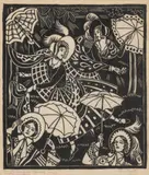 Bonnets, shawls, elegant parasols by Thea Proctor, c.1928, also known as Bonnets, shawls, gay parasols woodcut on paper, sold Sep 2026
