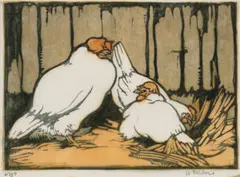 Chooks in the straw by Helen Ogilvie, c.1932, colour linocut on paper, sold Sep 2026