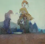 Moonlight pastoral by Sydney Long, 1910, watercolour on paper on board, offered Sep 2026