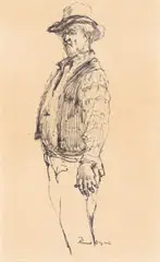 The drover by Russell Drysdale, 1967, pen and brown ink on paper, sold Sep 2026