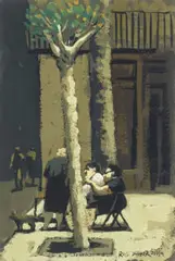 Figures in Square, Barcelona by Rick Amor, 1991, gouache on paper, sold Sep 2026