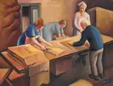 Depot workers by Dorrit Black, c.1940 – 42, oil on canvas on cardboard, sold Aug 2026