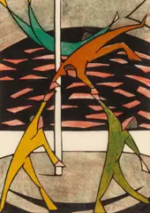 The acrobats by Dorrit Black, c.1928 – 29, colour linocut on paper, sold Aug 2026