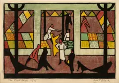 The fruit stall by Dorrit Black, c.1931, colour linocut on paper, sold Aug 2026