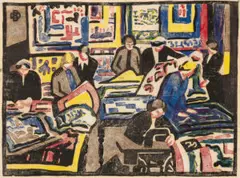 The wool quilt makers by Dorrit Black, 1940 – 41, colour linocut on paper, sold Aug 2026