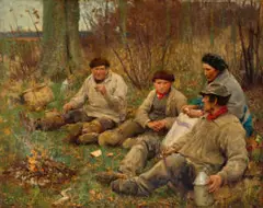 Labourers after dinner by George Clausen, 1884, oil on canvas on plywood, sold Aug 2026