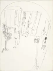 In and out of room by Brett Whiteley, c.1975, pencil on card, sold Aug 2026