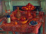 Still life with kelim by Margaret Olley, 1985, oil on composition board, sold Aug 2026