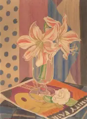 Hippeastrum Lilies in a vase, with Vanity Fair Magazine by Thea Proctor, c.1930s, watercolour on silk, sold Aug 2026