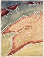 Air travel 1: Mud flats and island by Dorrit Black, 1947 – 49, colour linocut on paper, sold Aug 2026