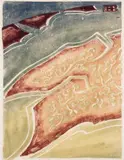 Air travel 1: Mud flats and island by Dorrit Black, 1947 – 49, colour linocut on paper, sold Aug 2026