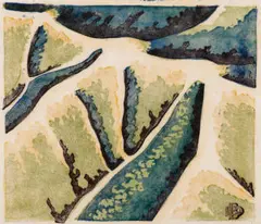 Air travel 4: Over the mountains by Dorrit Black, 1947 – 49, colour linocut on paper, sold Aug 2026