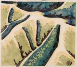 Air travel 4: Over the mountains by Dorrit Black, 1947 – 49, colour linocut on paper, sold Aug 2026