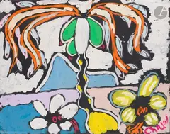 Palmier, fleurs tropicales et montagnes by Malcolm de Chazal, Gouache sur traits de crayon, sold Dec 2025