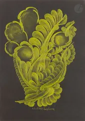 Composition médiumnique by Cecilie Marková, 1978, Crayon jaune sur papier noir, sold Dec 2025