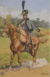 Hussard du Premier régiment. Époque Consulat by Lucien Rousselot, Aquarelle signée en bas à droite, sold Dec 2025