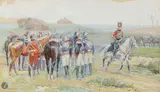 La Halte des cuirassiers. Époque Premier Empire by Alphonse Lalauze, 1913, Aquarelle et rehaut de gouache, sold Dec 2025