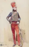 Officier de Hussard. Époque Premier Empire by Alphonse Lalauze, 1914, Aquarelle signée et datée, sold Dec 2025