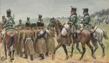 Cavaliers du 8e régiment de chasseurs à cheval escortant des prisonniers by Lucien Rousselot, Gouache et aquarelle, sold Dec 2025