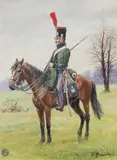 Éclaireur de la garde impériale by Lucien Rousselot, Gouache et aquarelle signée en bas à droite, sold Dec 2025