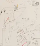 Autoportrait avec Mayotte et Ourna. 1974 by Mikhaïl Mikhaïlovitch Chemiakin, 1974, Encre de Chine, aquarelle, sold Dec 2025