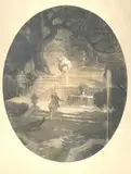 La leçon d'amour dans un parc. Projet d'illustration pour l'ouvrage de René BOYLESVE aux éditions Romagnol by René Lelong, Pierre noire et rehauts de gouache à vue ovale, sold Oct 2025