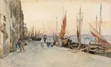 Port animé de personnages by Paolo Sala, Aquarelle signée et dédicacée bas à gauche, sold May 2024