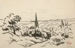 Le village de Limay, près de Mantes by Maximilien Luce, Lavis d'encre sur traits de crayon porte le timbre rouge Luce, sold May 2024