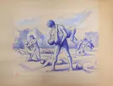 Enfants sur la plage by Maximilien Luce, Lavis d'encre bleue rehaussé de gouache blanche, sold May 2024