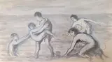 Cinq baigneurs by Maximilien Luce, Lavis d'encre rehaussé de gouache blanche sur traits de crayon bleu, sold May 2024