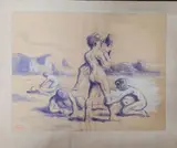 Lutteurs sur la plage by Maximilien Luce, Lavis d'encre bleue rehaussé de gouache blanche, sold May 2024