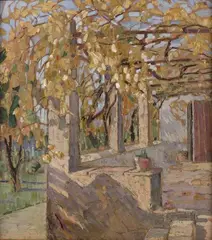 Pergola à Bormes-les-Mimosas by Bessie Davidson, 1917, Technique mixte et gouache sur carton, sold Apr 2024