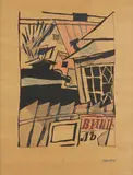 Clôture en bois, Vitebsk " by Ivan Puni, 1919, Linogravure rehaussée aux crayons de couleur, sold Apr 2025
