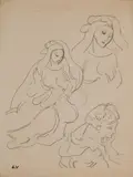 Etude : trois visages de femme et au dos portrait d'enfant by Louis Valtat, Crayon gris, sold Apr 2025