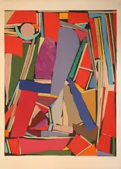 Composition formes rouges et mauves by André Lanskoy, Lithographie en couleurs annotée EA et signée en bas à droite, sold Apr 2017