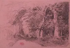 Le sous-bois; étude de paniers de pêche by Félix Ziem, Crayon noir et réhauts de blanc sur papier rose, sold Mar 2017