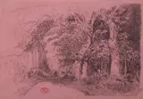 Le sous-bois; étude de paniers de pêche by Félix Ziem, Crayon noir et réhauts de blanc sur papier rose, sold Mar 2017