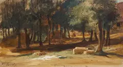 Sans titre by Eugène Isabey, Aquarelle gouachée "Fermes à Varengeville (Etretat?) en Normandie" signée en bas à gauche, sold Nov 2023