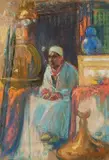 Marchand au souk by Louis Fortuney, Pastel sur carton, sold Nov 2023