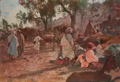 Marché aux ânes à Marrakech Etiquette sur le cadre d'origine : N°18 Campement. Vallée du Malh by Jacques Majorelle, Gouache et tempera sur isorel signée et située en bas à gauche, sold Nov 2023
