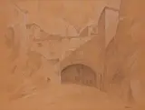 Vue de village by Nicolas Manev, Crayon et craie blanche sur papier orangé, sold Nov 2023