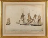 Combat de la Goélette L'Abeille contre le brick Le Tigre le 25 Prairial an 8 by Nicolas Cammillieri, Plume et noire et brune, lavis noir et gris, aquarelle, sold Dec 2024