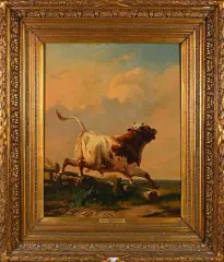 Taureau dans un pré by Eugène Verboeckhoven, Panneau d'acajou, sold Dec 2024