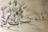Paysage lacustre et personnage dans une barque by André Lhote, Aquarelle, sold Nov 2024