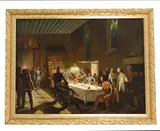 L’arrestation de Charles le Mauvais par le roi Jean lors d’un banquet à Rouen le 5 avril 1356 by Antoine Rivoulon, Toile signée et datée en bas à droite: Rivoulon /pinxit /1838, sold Jun 2023