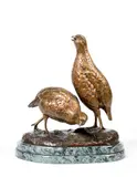 Couple de perdrix by Michel Liénard, Bronze à patine médaille, fonte ancienne signée sur la terrasse, repose sur un socle en ma, sold Oct 2022