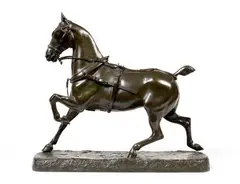 Cheval d’attelage by Georges Malissard, Bronze à patine brun vert nuancée, fonte ancienne, sold Oct 2022